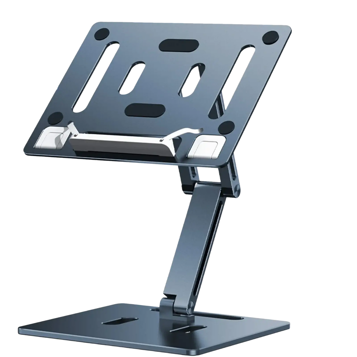 Adjustable black aluminum laptop stand with sleek minimalist design and ventilation slots for improved airflow