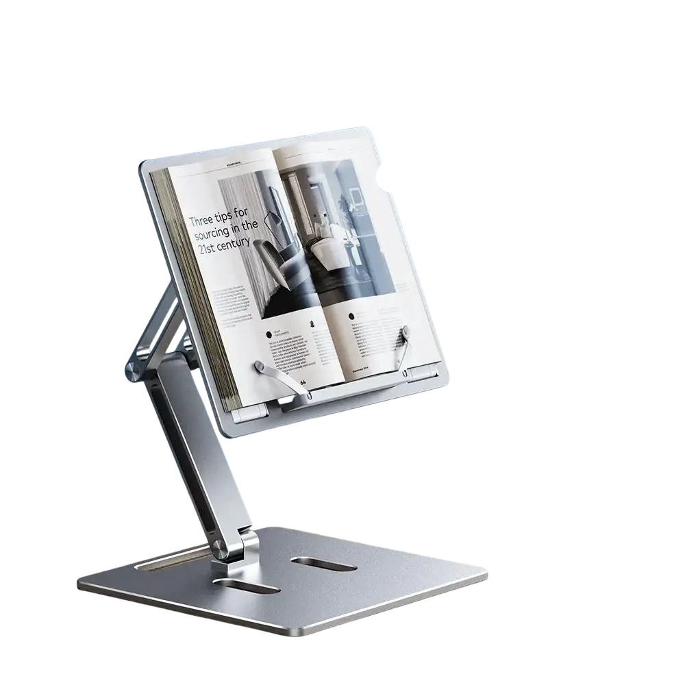 Silver double-layer height adjustable aluminum laptop stand with sleek modern design for ergonomic use