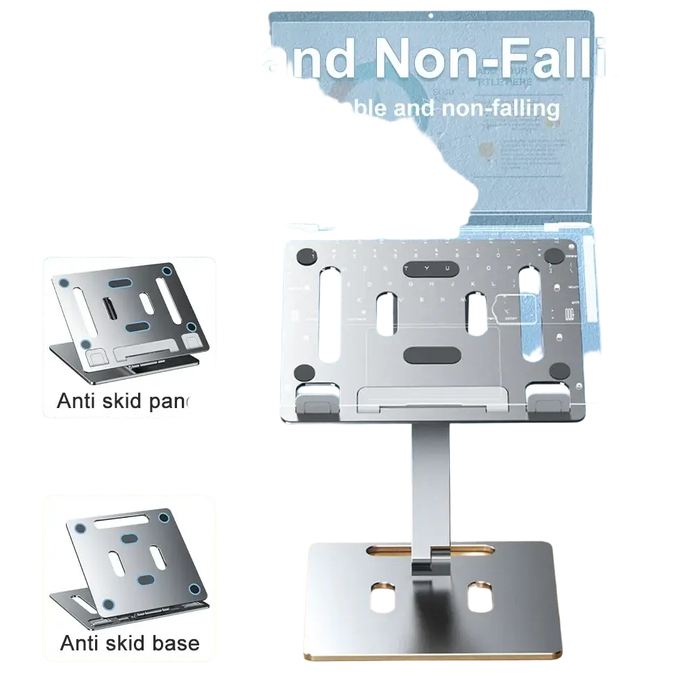 Silver aluminum laptop stand with sleek adjustable design and anti-slip mat for stable support on desk surface