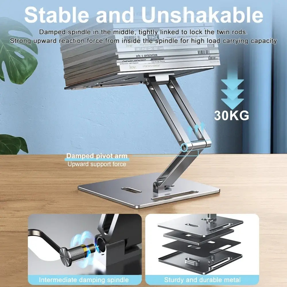 Sturdy silver aluminum laptop stand with adjustable design supporting up to 30kg for secure laptop use