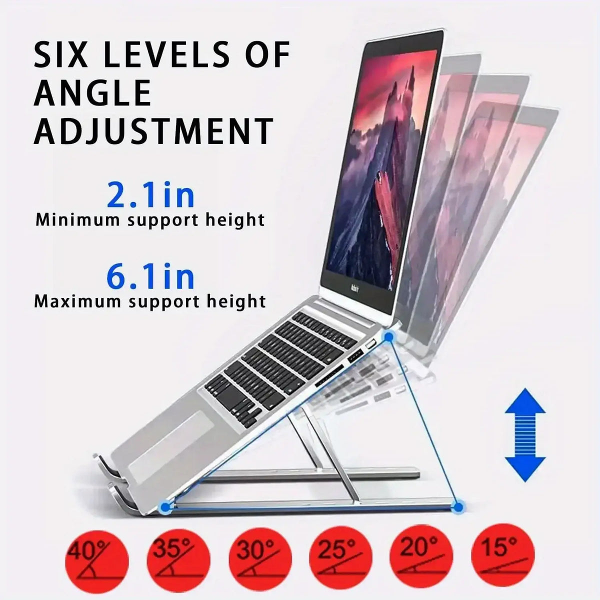 Silver aluminum laptop stand with six adjustable angle levels for ergonomic support and foldable design