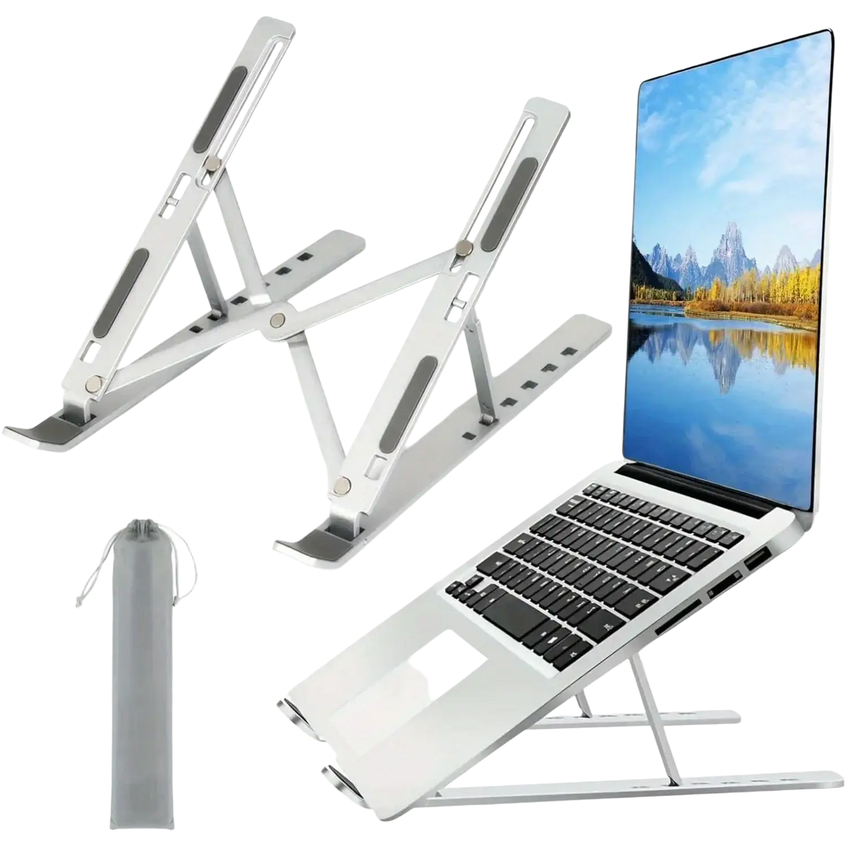 Silver aluminum laptop stand made of aluminum alloy with adjustable height and angle in a sleek minimalist design