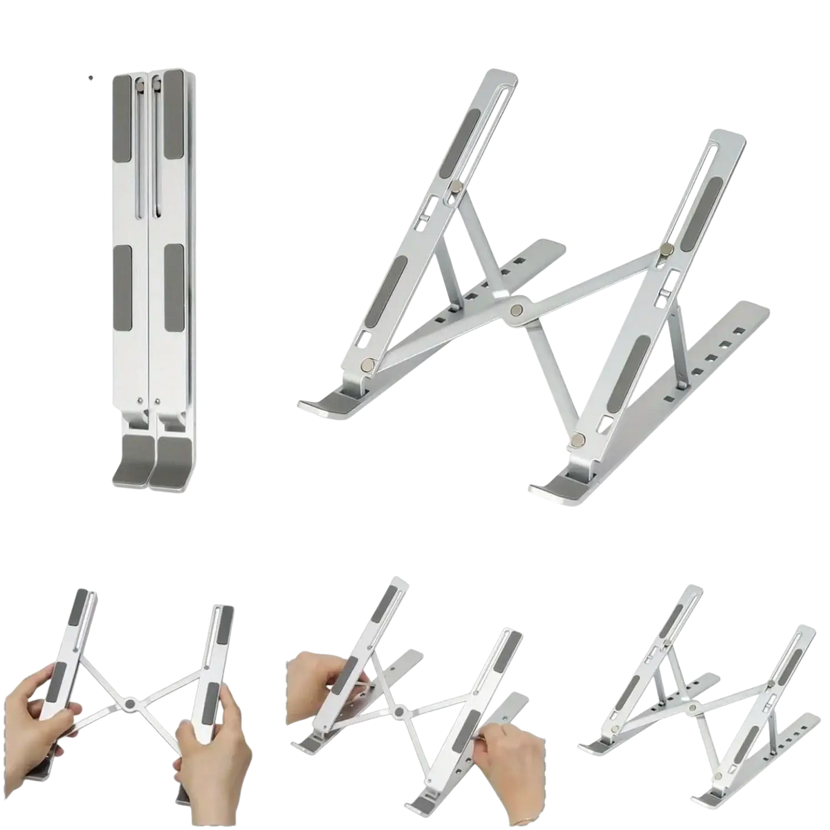 Silver aluminum laptop stand with adjustable height and foldable design made from aluminum alloy for ergonomic use
