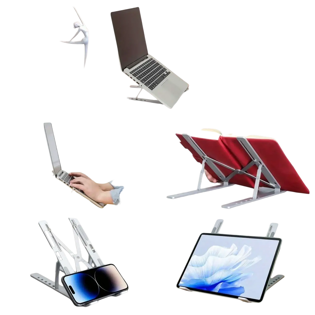 Silver aluminum laptop stand foldable ergonomic with adjustable 6-level height made of aluminum alloy