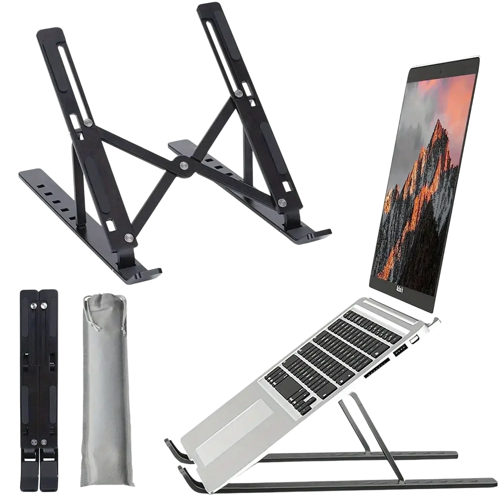 Black adjustable laptop stand with foldable ergonomic design and sturdy aluminum alloy construction for ergonomic use