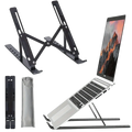 Black adjustable laptop stand with foldable ergonomic design and sturdy aluminum alloy construction for ergonomic use