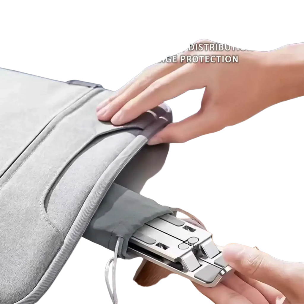 Gray fabric laptop sleeve with built-in silver aluminum alloy laptop stand for ergonomic foldable use