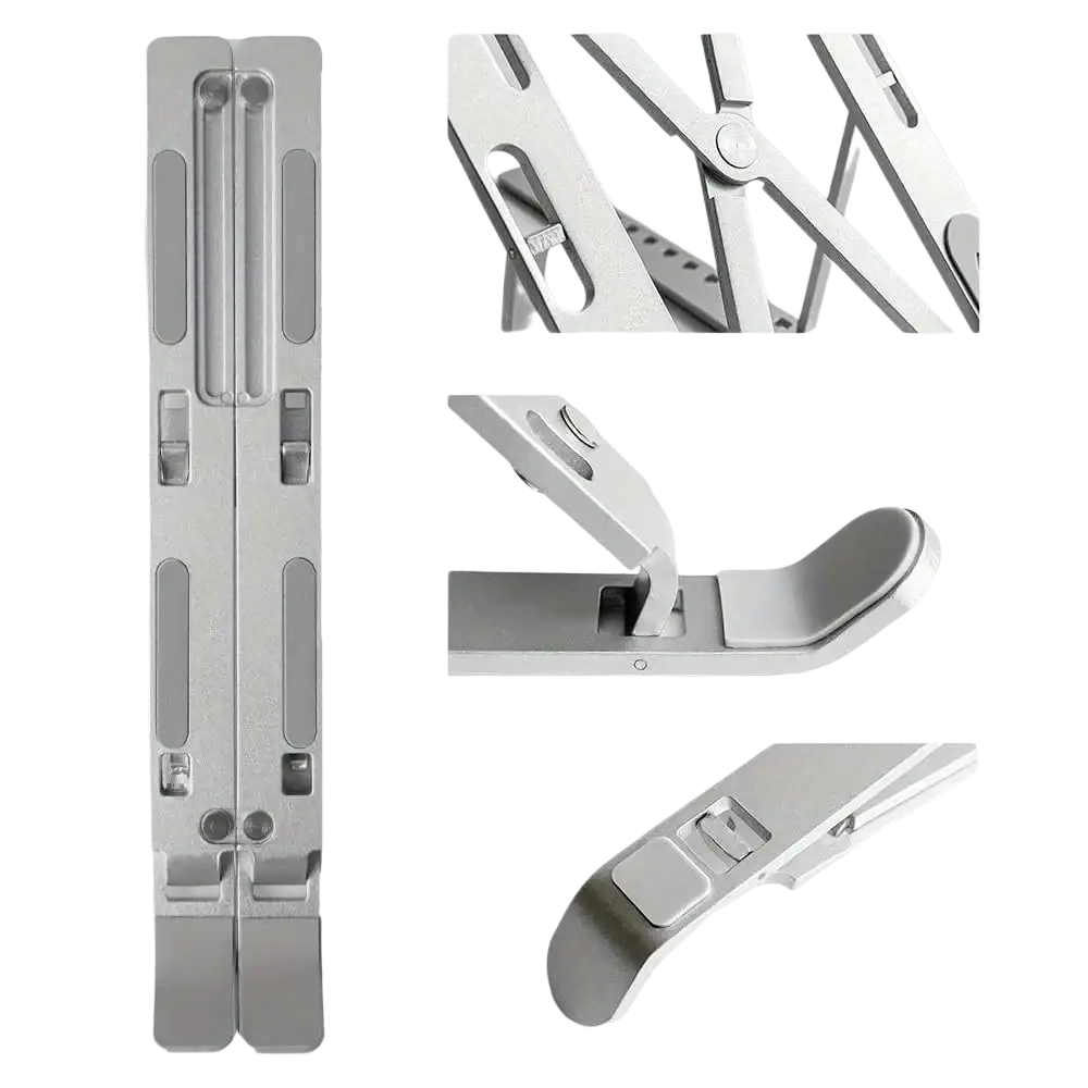 Silver aluminum laptop stand with x-shaped frame design and anti-scratch protection foldable ergonomic aluminum alloy