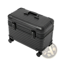 Black ribbed aluminum luggage hard-shell rolling suitcase with four wheels and top handle for travel use