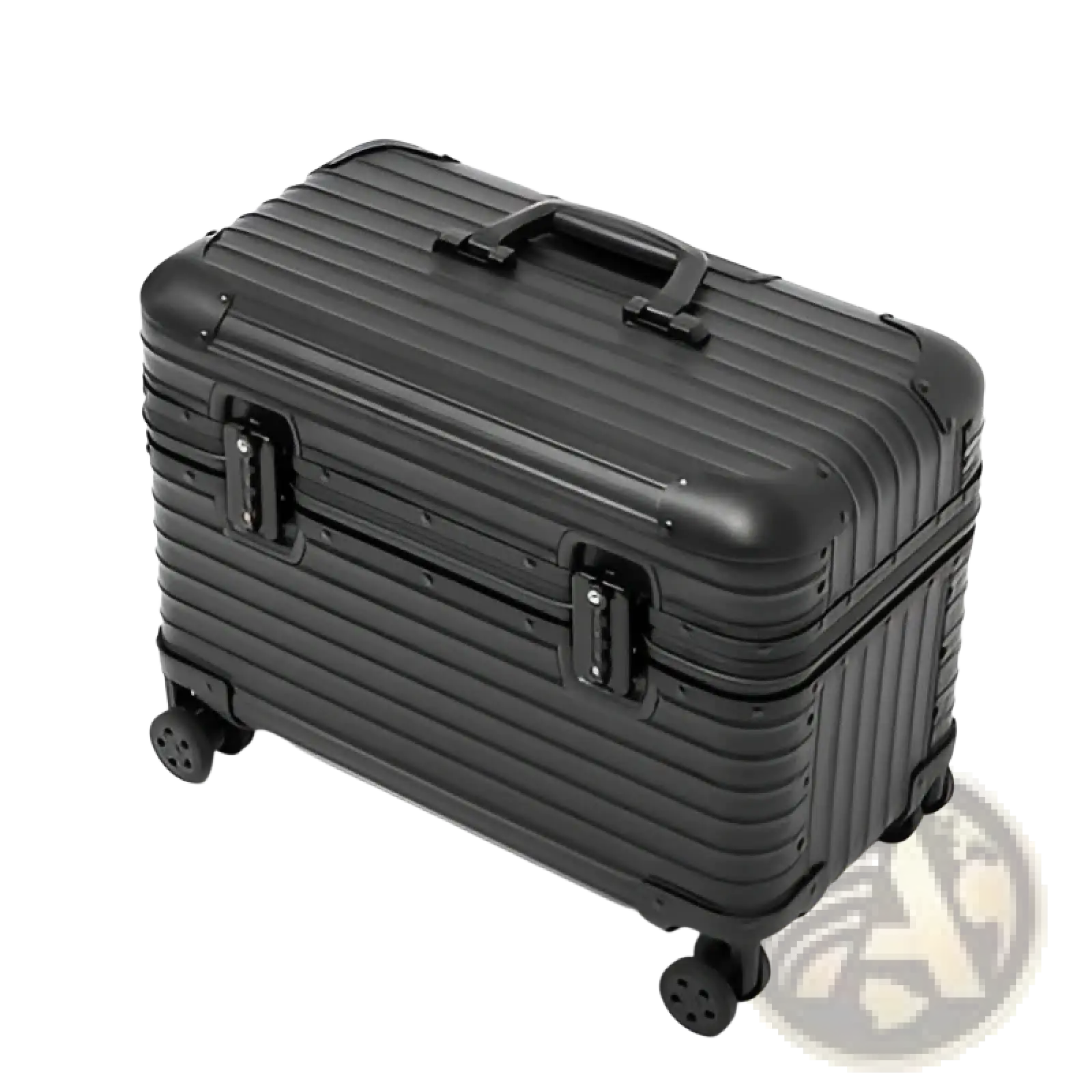Black ribbed aluminum luggage hard-shell rolling suitcase with four wheels and top handle for travel use