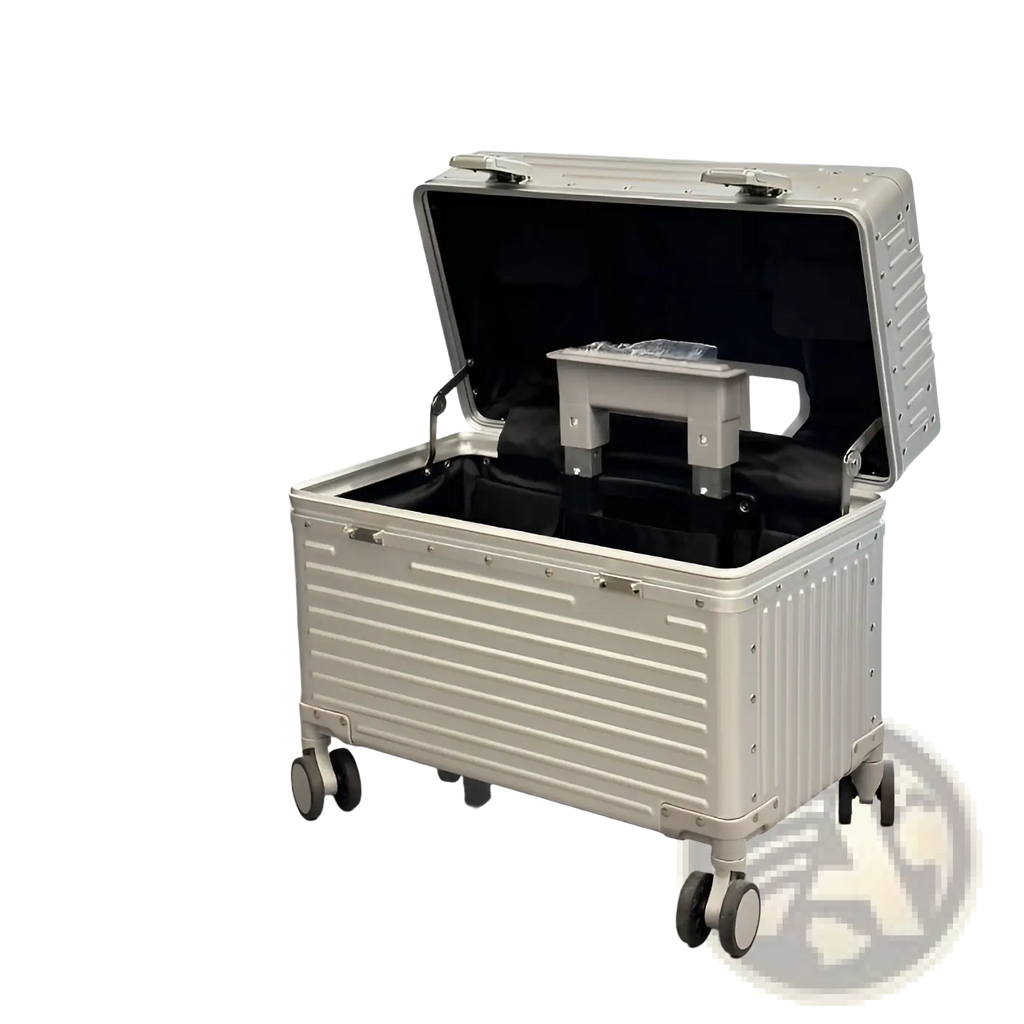 Silver aluminum luggage with ribbed exterior, black interior lining, and four multi-directional wheels for seamless travel