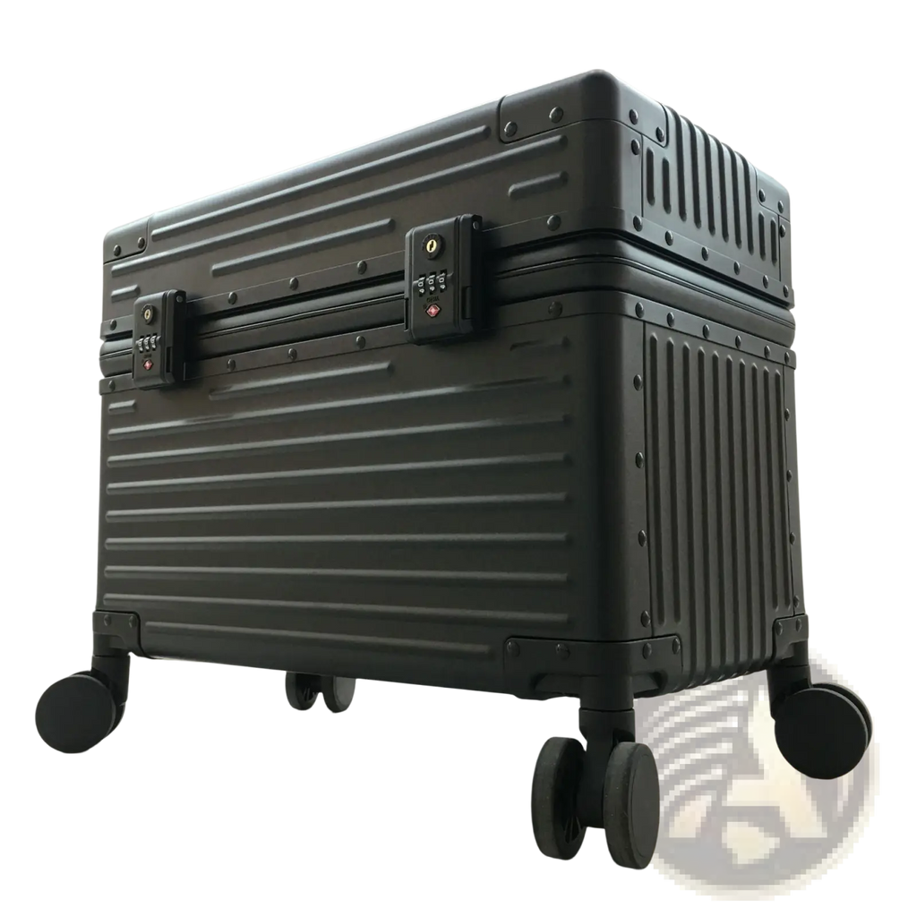 Black aluminum luggage ribbed hard shell suitcase with four-wheel spinner base and combination locks for travel