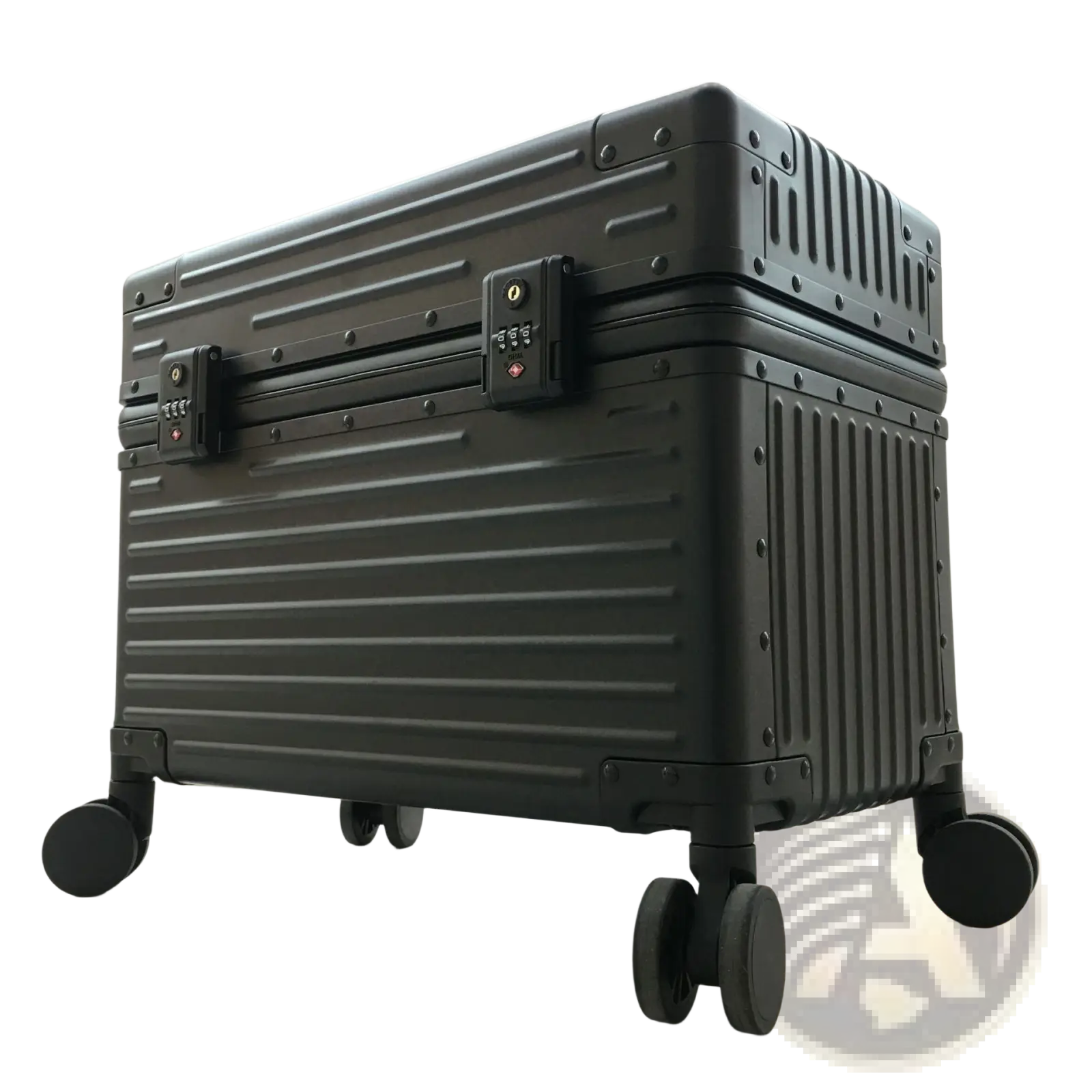 Black aluminum luggage ribbed hard shell suitcase with four-wheel spinner base and combination locks for travel