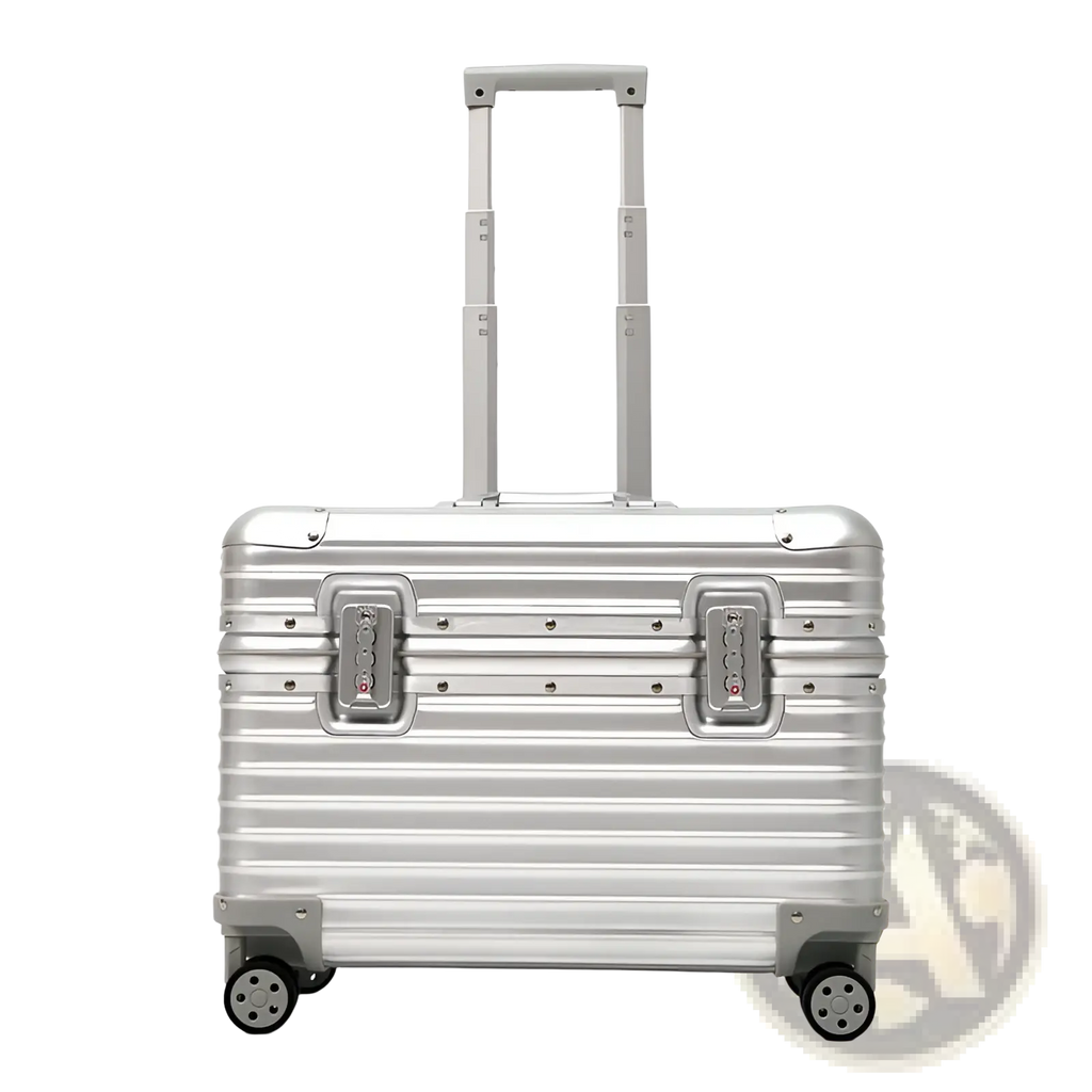 Silver aluminum luggage ribbed rolling travel suitcase 20-24 with sleek design and dual front latches
