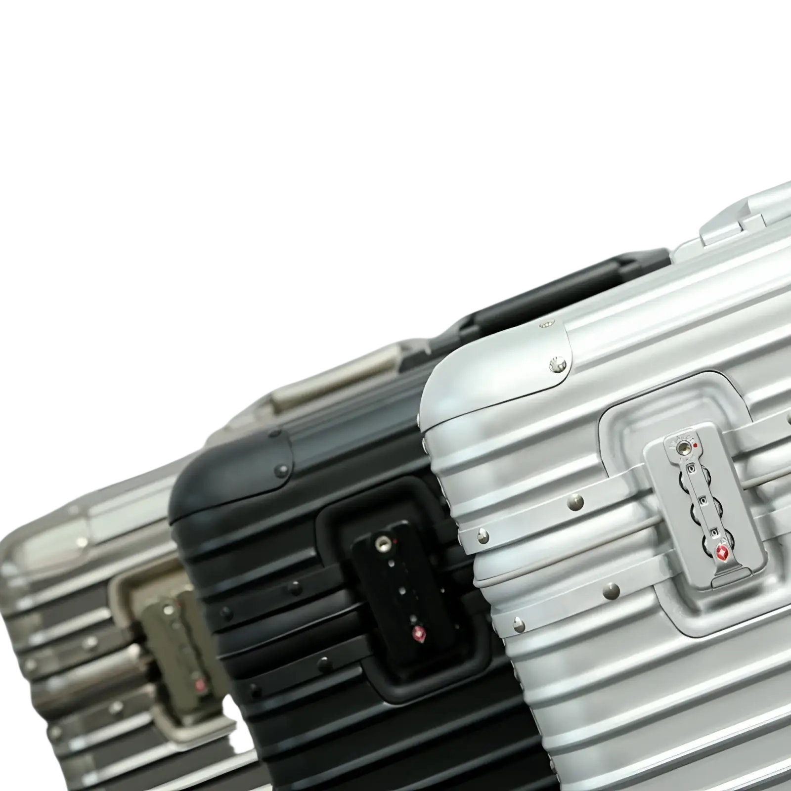 Silver aluminum ribbed rolling travel suitcase 20-24 with combination lock for secure packing and easy transport
