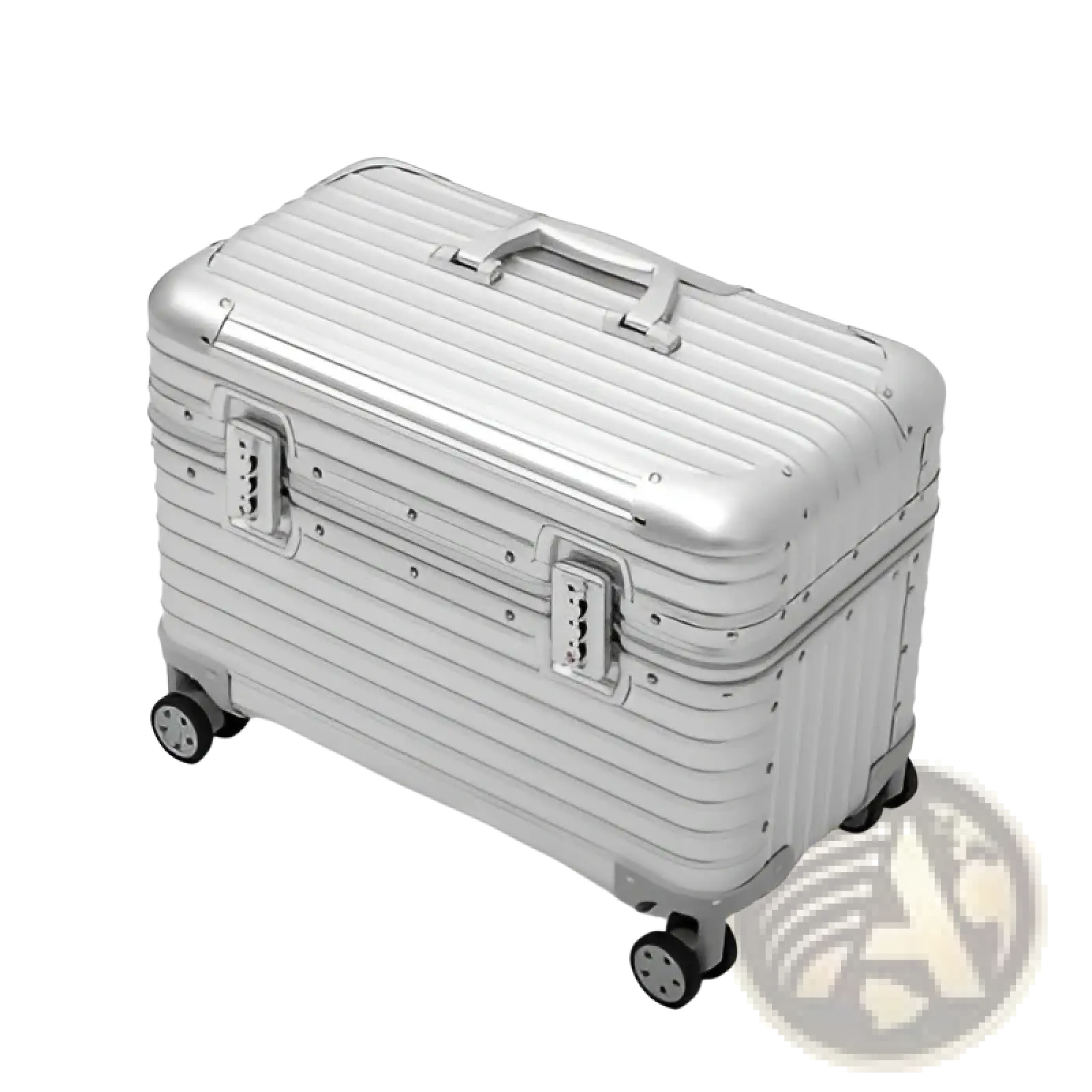 Silver aluminum luggage with ribbed design and four wheels for rolling travel suitcase 20 to 24 inches