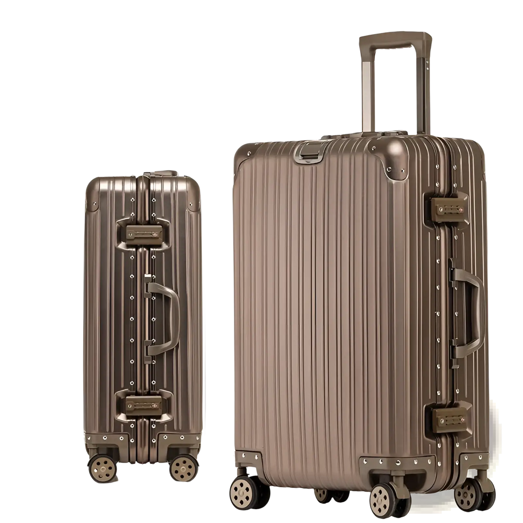 Frosted gold aluminum magnesium luggage hardshell spinner suitcase with ribbed design and sturdy wheels