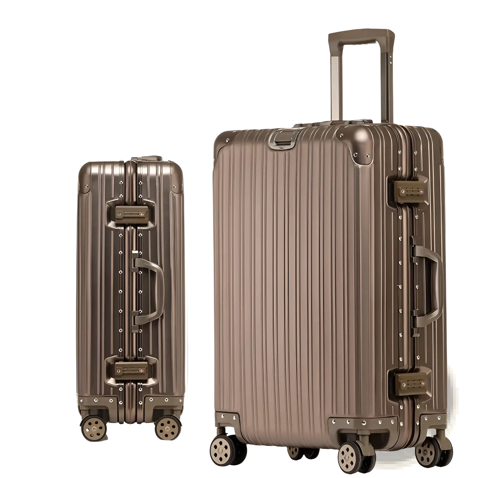 Frosted gold aluminum magnesium luggage hardshell spinner suitcase with ribbed design and sturdy wheels