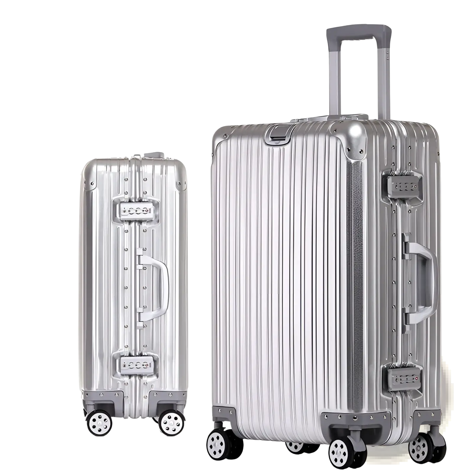 Silver aluminum magnesium hard-shell luggage spinner suitcase with ribbed design and four-wheel base