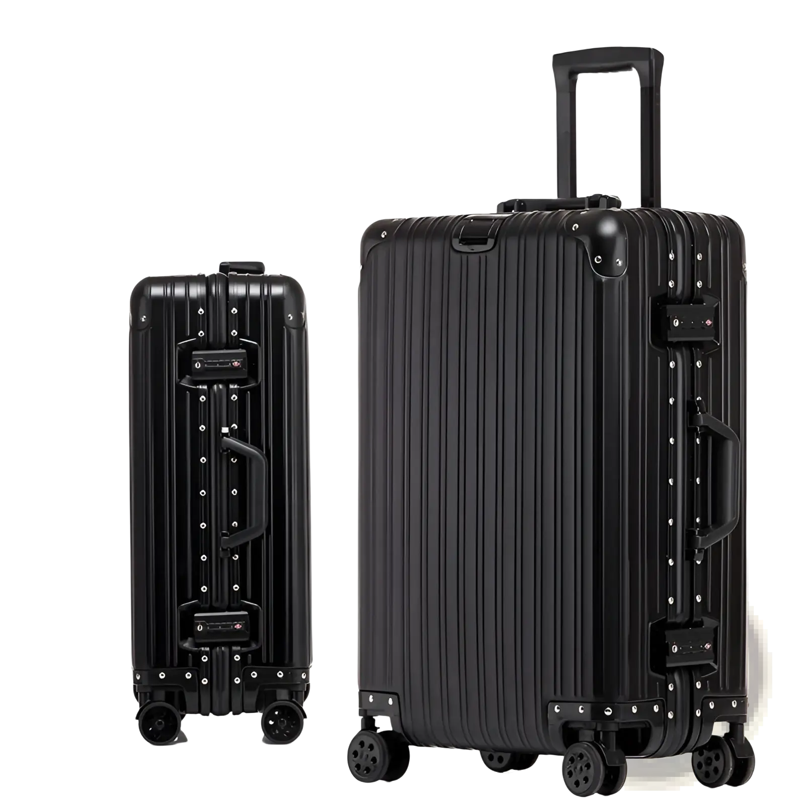 Black thick-frosted aluminum magnesium luggage hardshell spinner suitcase with vertical ridges and silver rivets