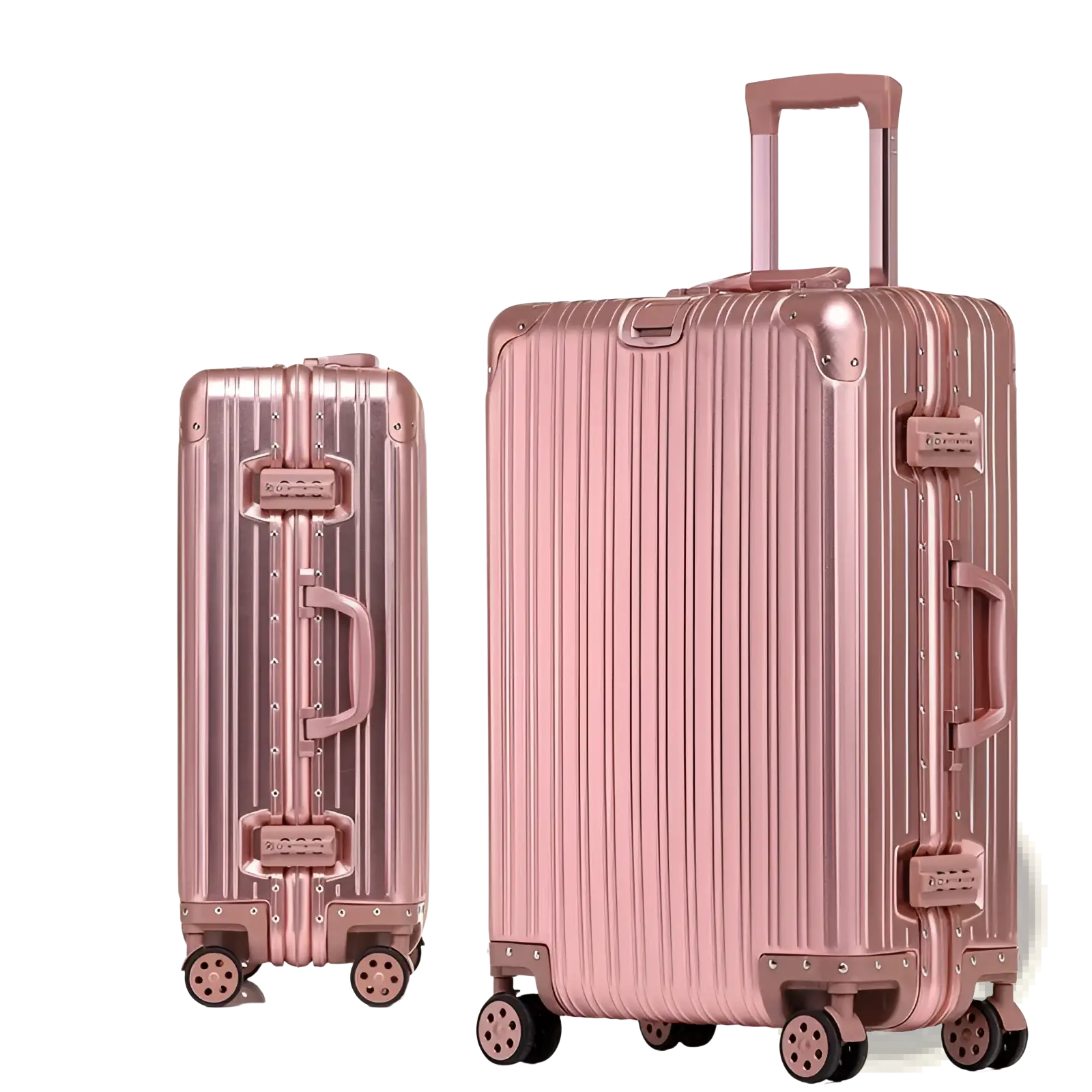 Rose gold aluminum magnesium luggage hardshell spinner suitcase with thick frosted grind finish and vertical ribbed design