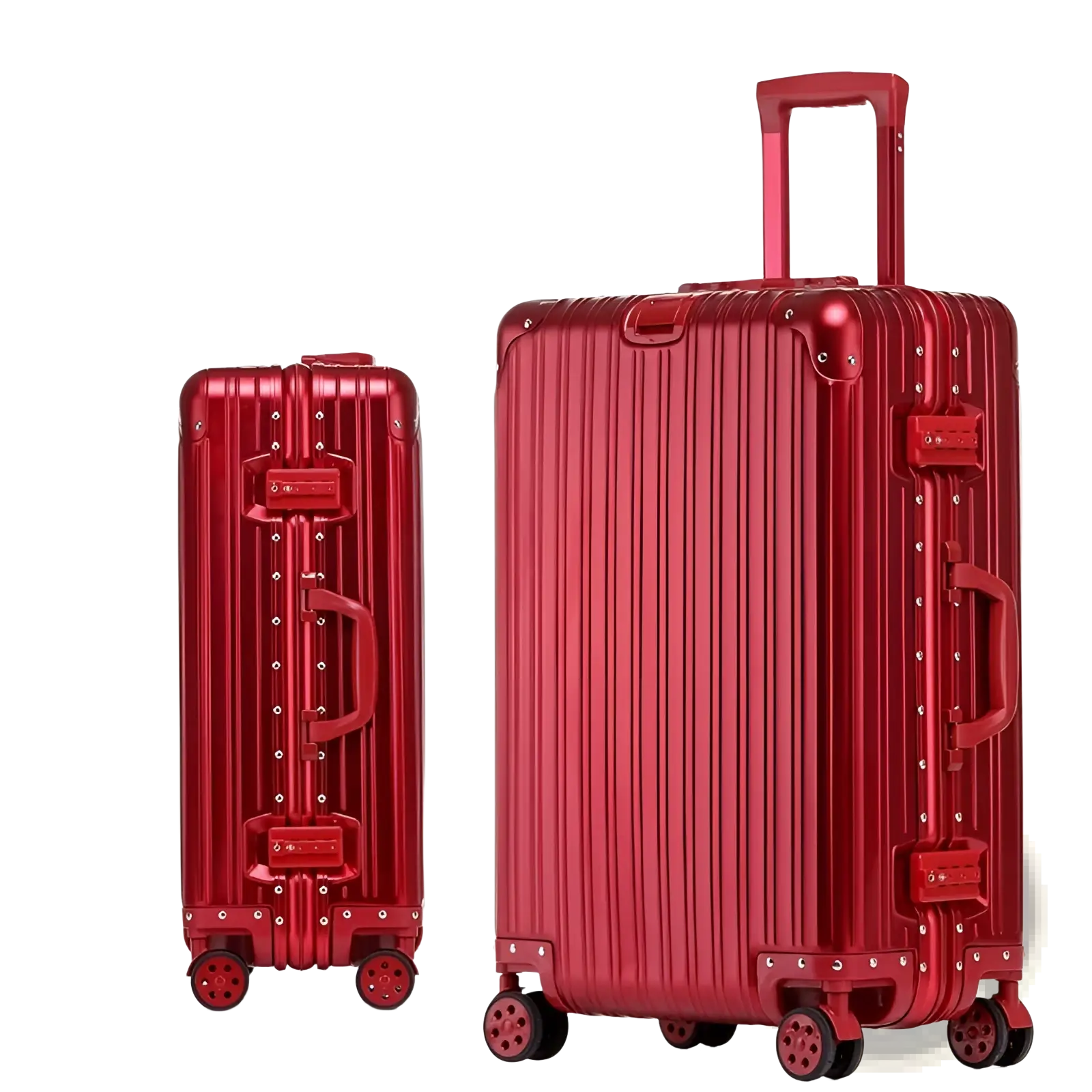 Classic red aluminum magnesium luggage hardshell spinner suitcase with mirror finish vertical ribbed design and matching wheels