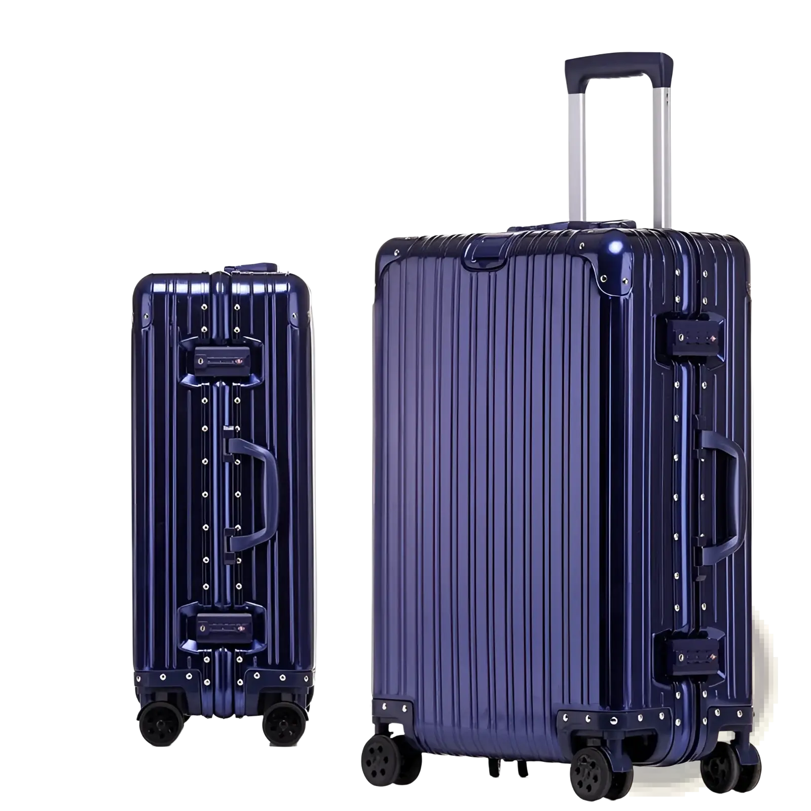 Classical blue aluminum magnesium luggage hardshell spinner suitcase with vertical ribbed design and silver hardware
