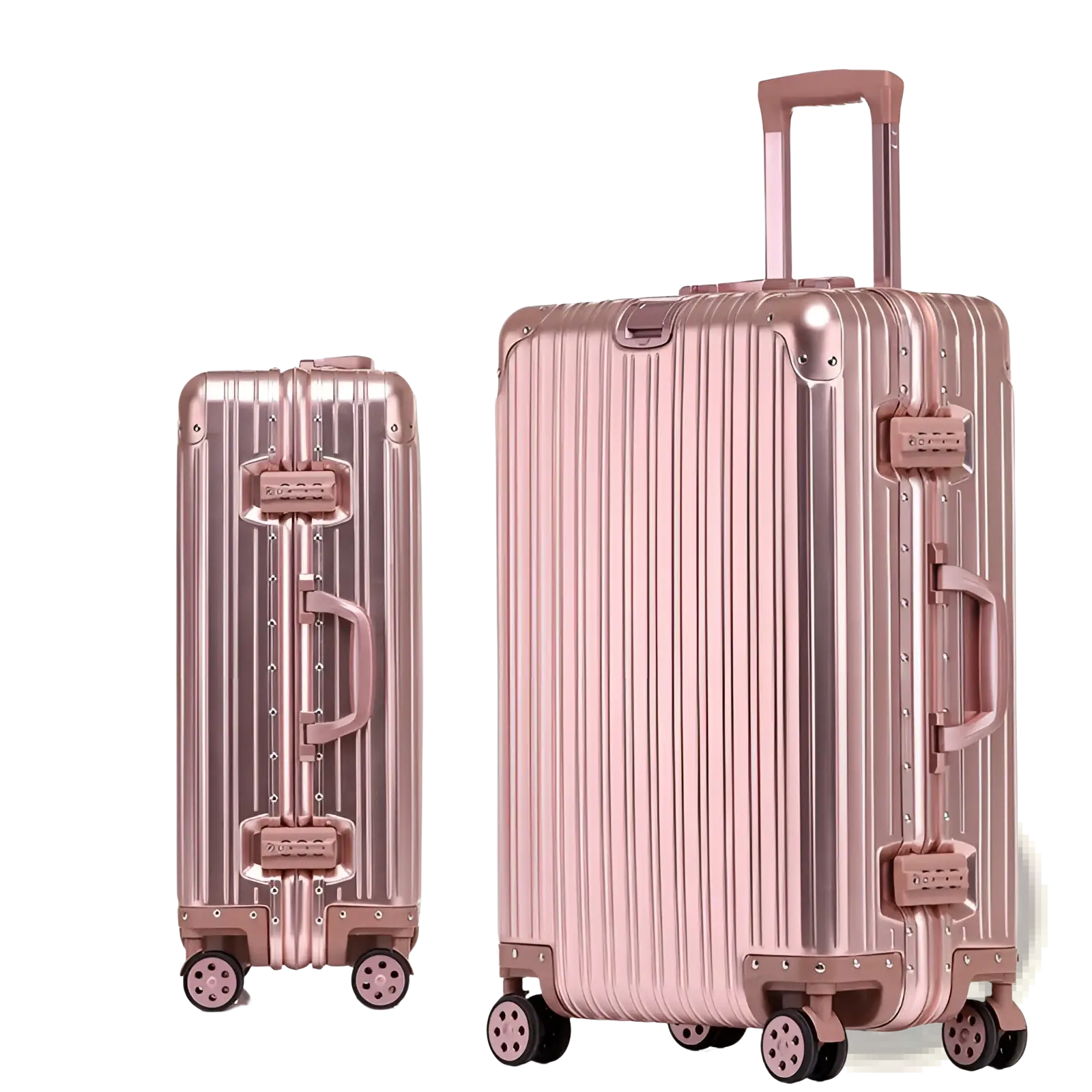 Rose gold aluminum magnesium luggage hardshell spinner suitcases with classic ribbed design and matching wheels