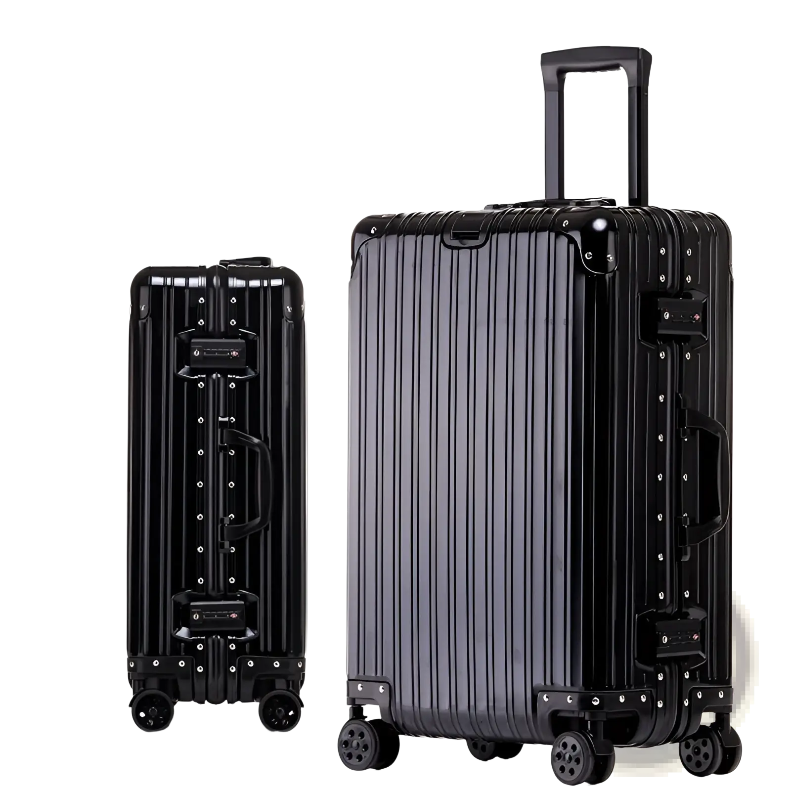 Black ribbed aluminum magnesium luggage hardshell spinner suitcase with sleek mirror finish and sturdy wheels