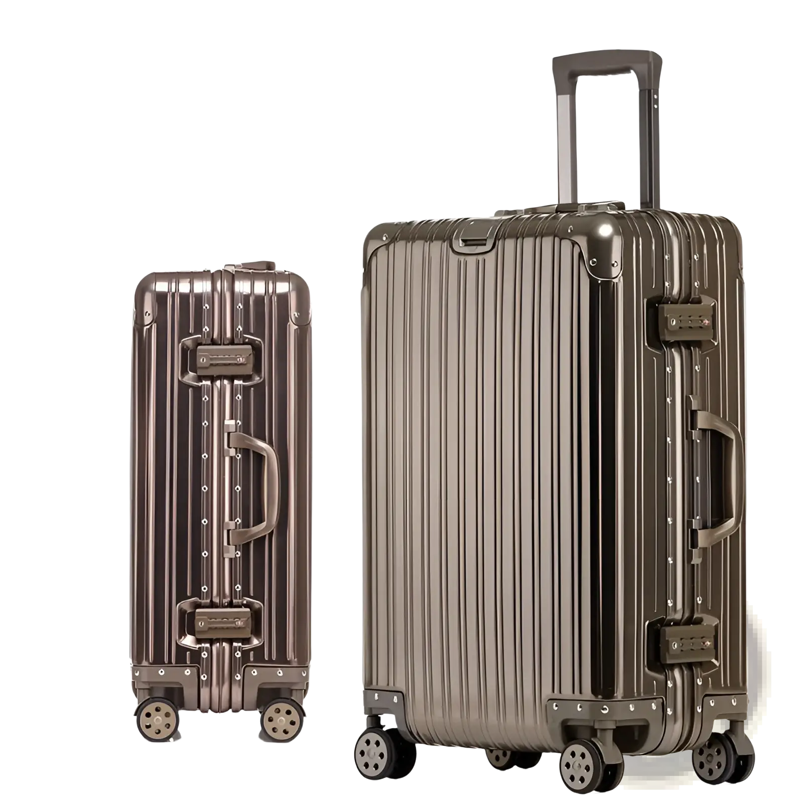 Classic luxury gold aluminum magnesium luggage hardshell spinner suitcase with ribbed reflective finish and sturdy handles