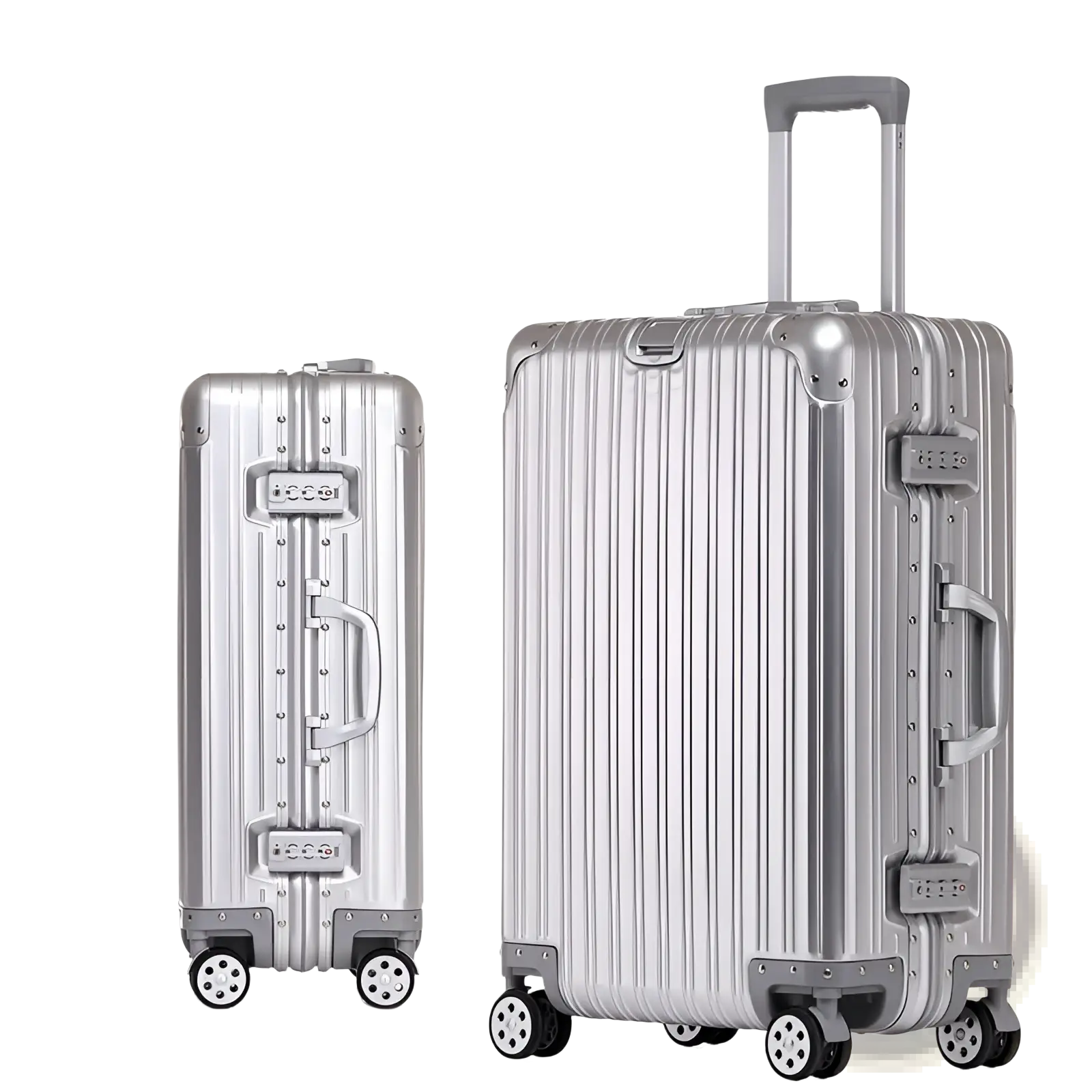 Silver aluminum magnesium luggage hardshell spinner suitcases with ribbed design and four-wheel bases