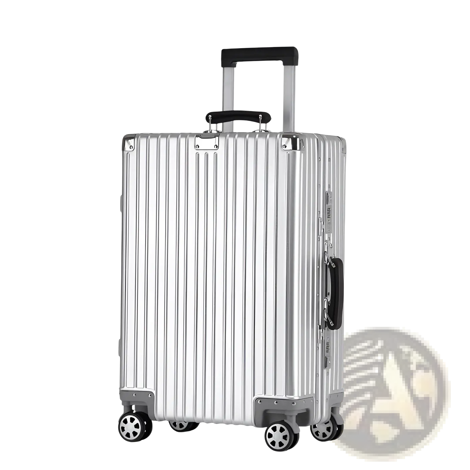 Silver retro frosted aluminum magnesium hardshell suitcase with vertical ribbed design and black handle accents