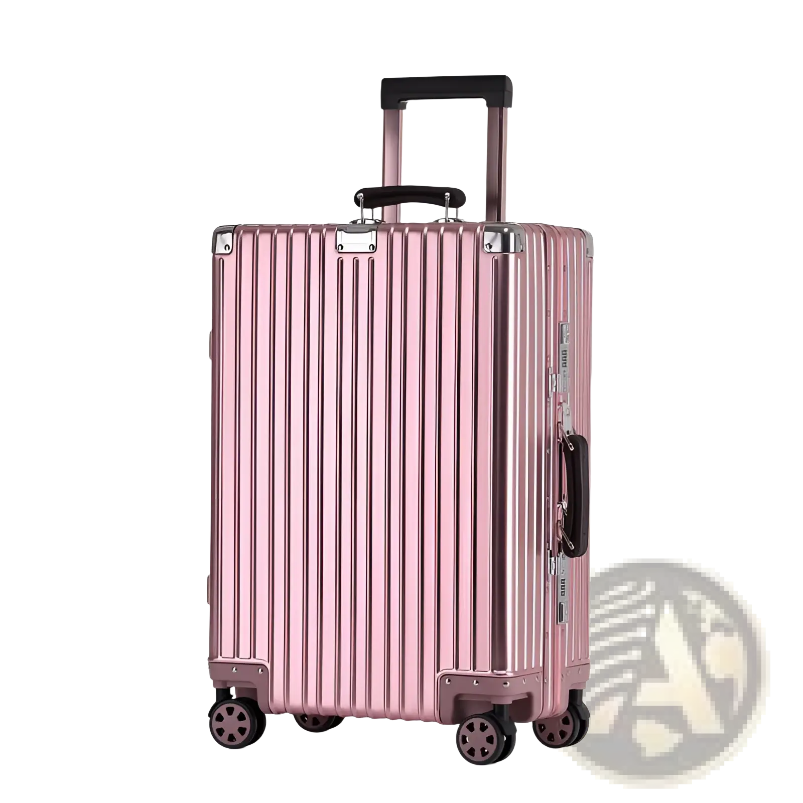 Retro frosted rose gold aluminum magnesium hardshell spinner suitcase with vertical ribbed design and black wheels