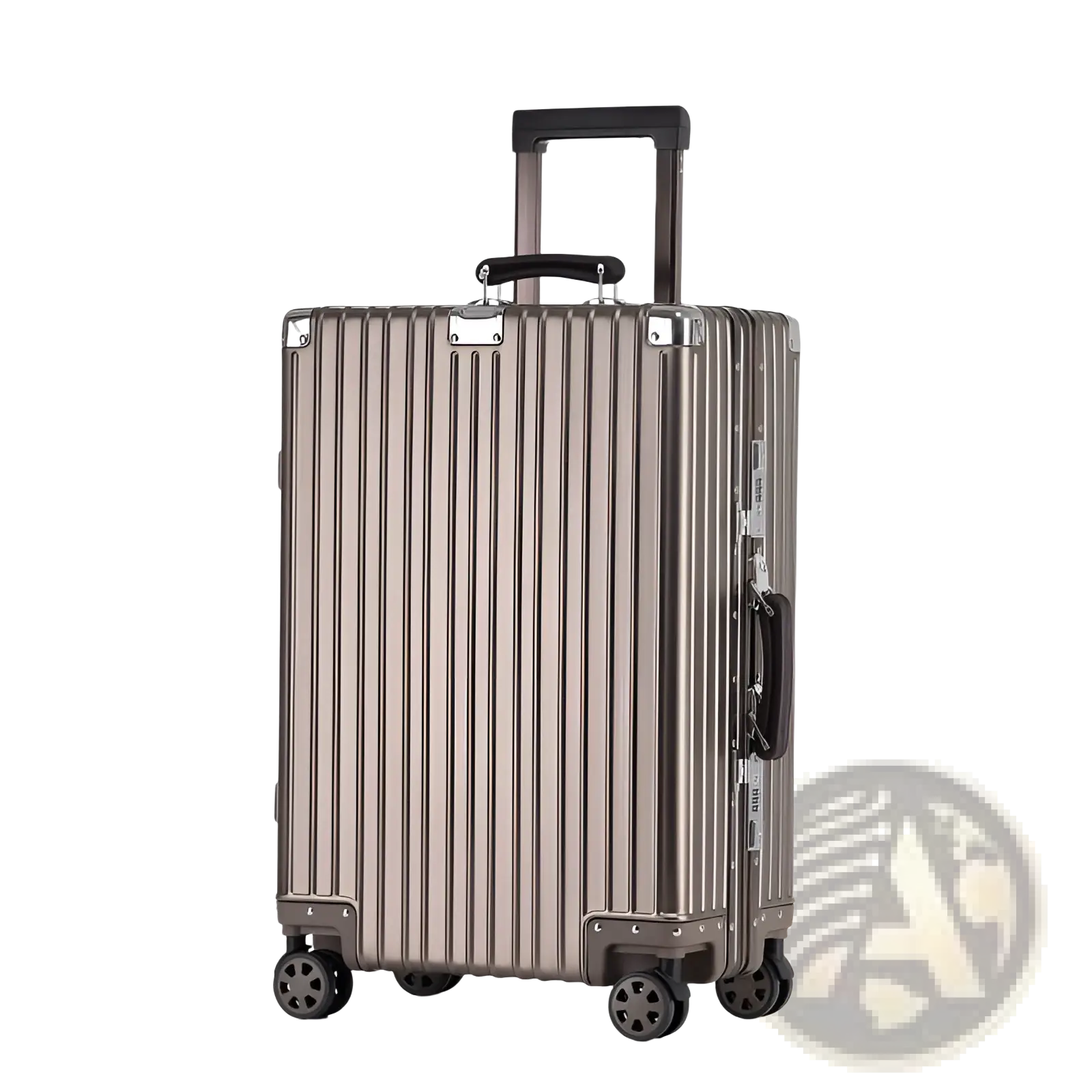 Aluminum magnesium luggage hardshell spinner suitcase with retro frosted titanium gold finish ribbed design and black wheels