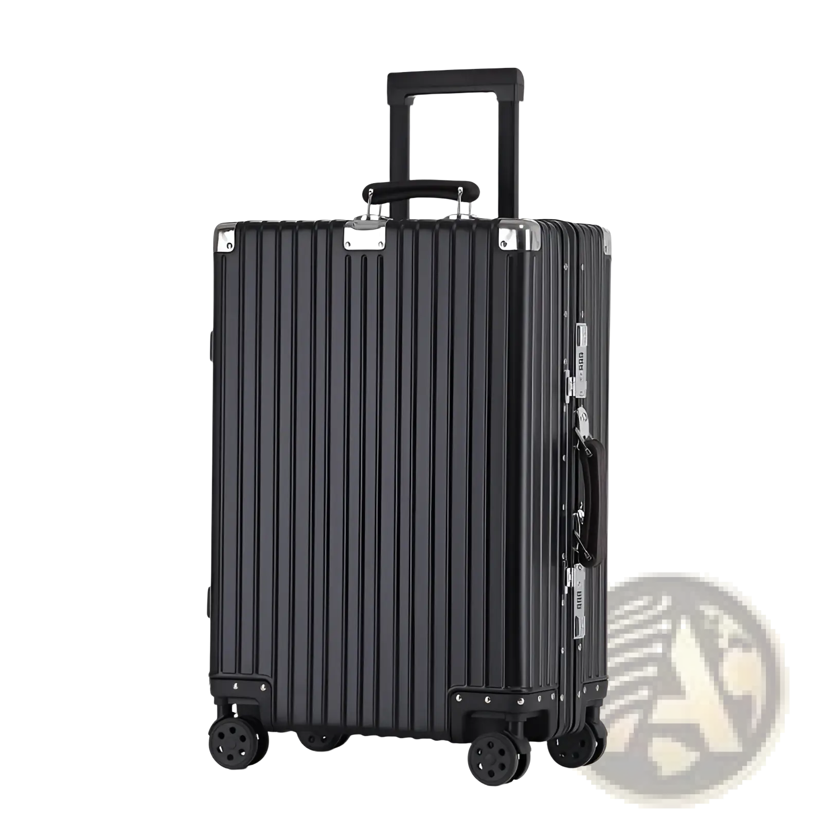 Black retro frosted aluminum magnesium hardshell spinner suitcase with silver accents and telescoping handle
