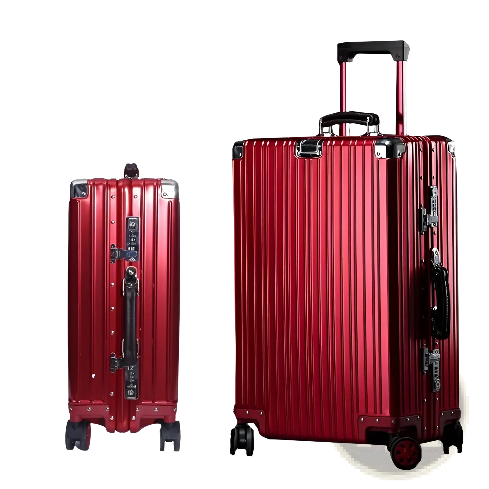 Red retro mirror-style aluminum magnesium hard-shell spinner suitcase with vertical ribbed design and black accents