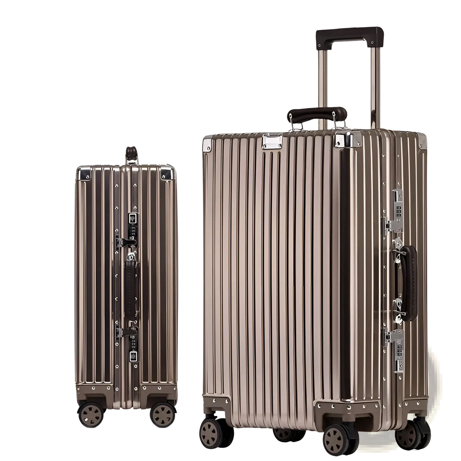 Aluminum magnesium luggage hardshell spinner suitcase with retro mirror titanium style in gold finish and black handles