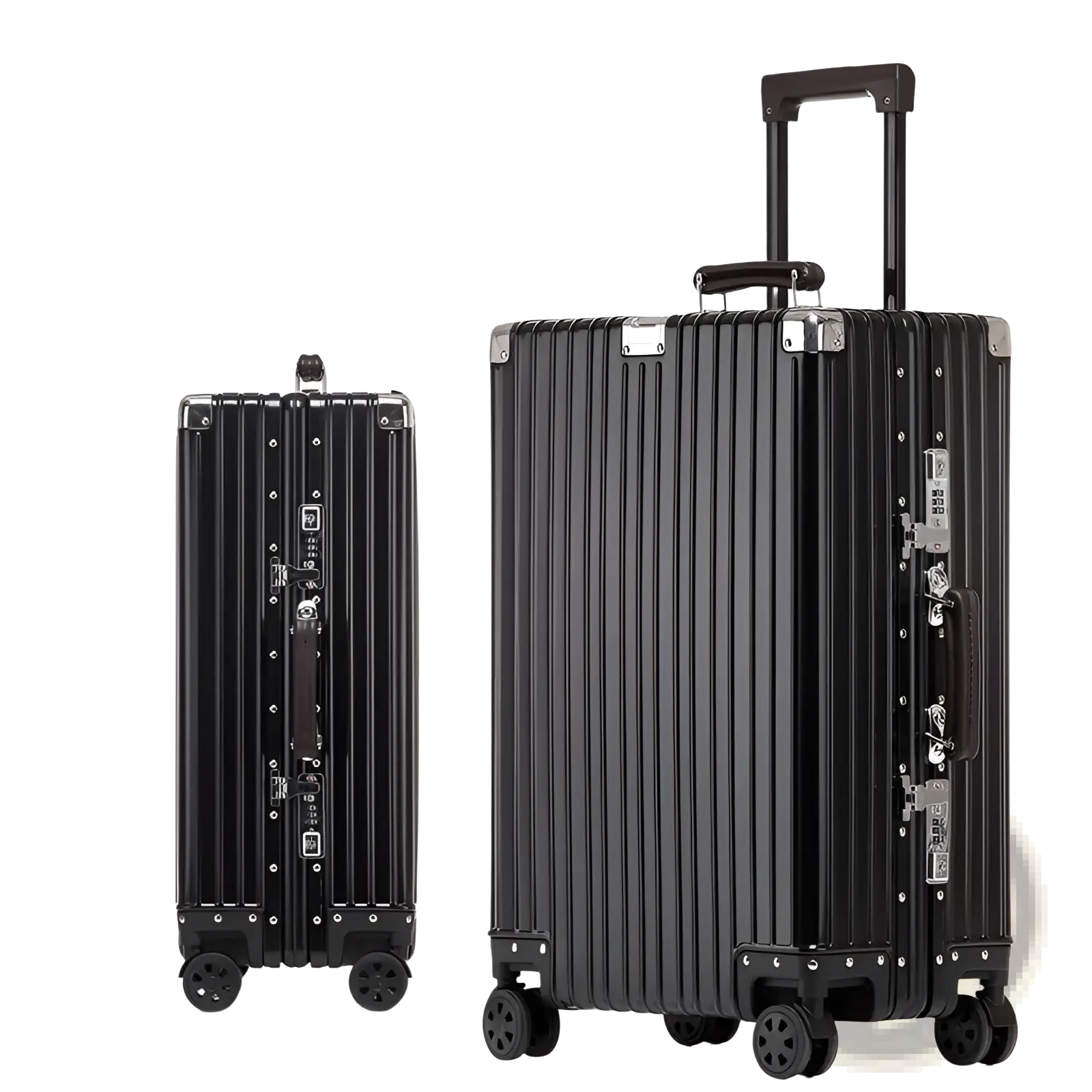 Black retro mirror-style aluminum magnesium hardshell spinner suitcase with silver hardware and telescoping handle