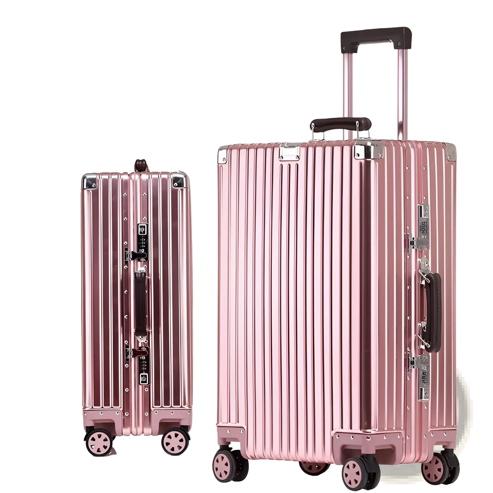 Rose gold aluminum magnesium luggage hardshell spinner suitcase with vertical ribbed design and black wheels