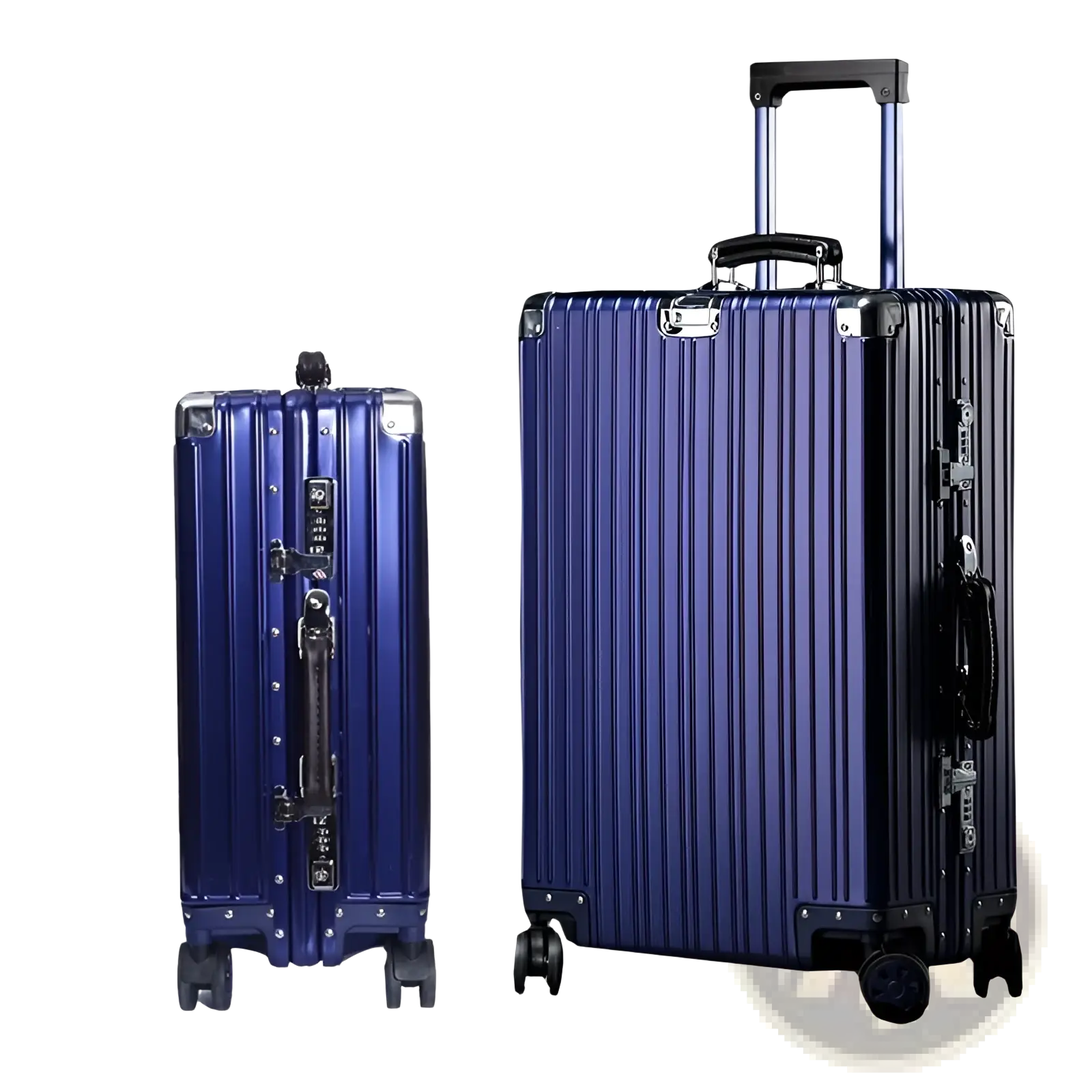 Aluminum magnesium luggage hardshell spinner suitcase in retro mirror style blue with vertical ribbed design and black wheels