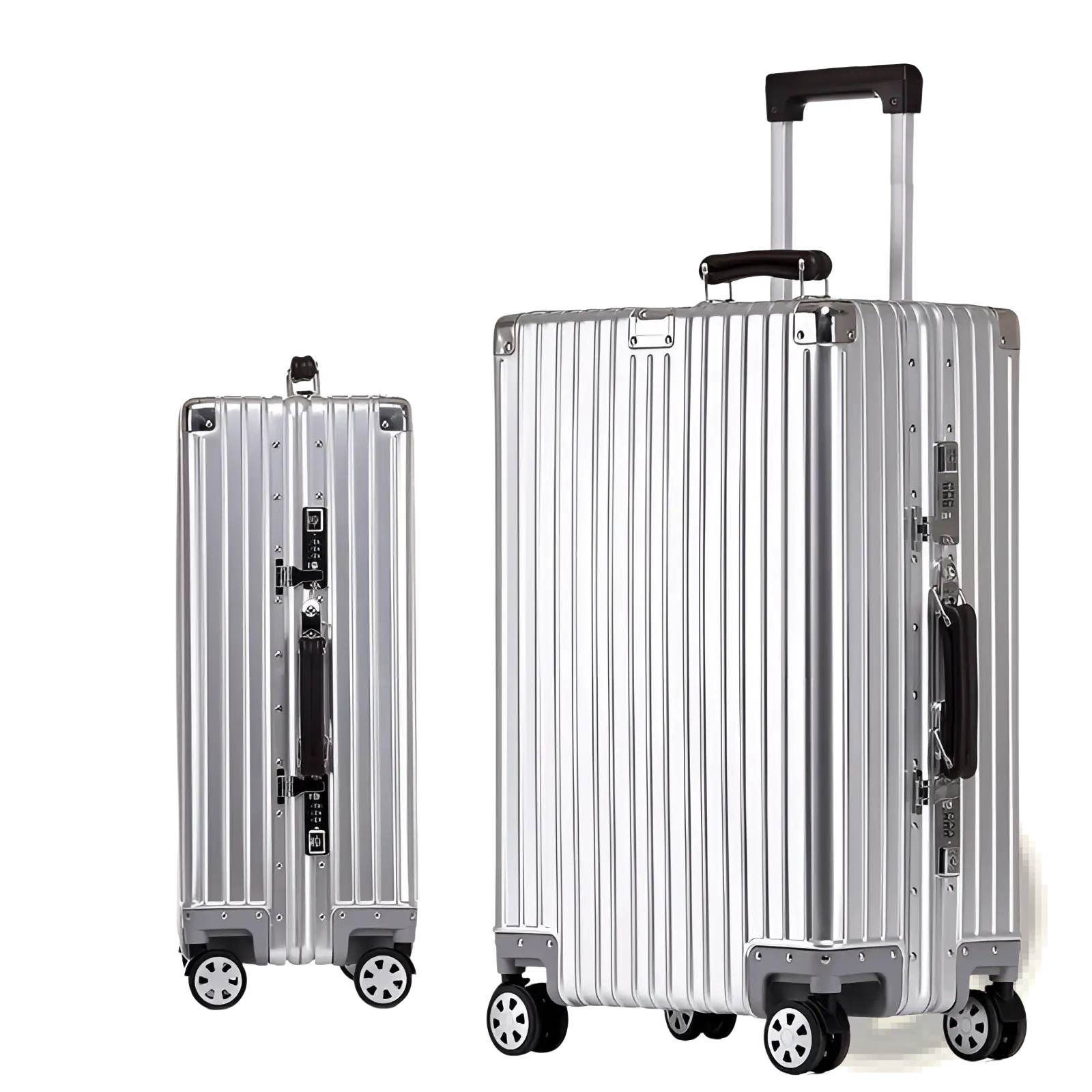 Silver aluminum magnesium hard-shell spinner suitcase with retro mirror finish black handle and wheels