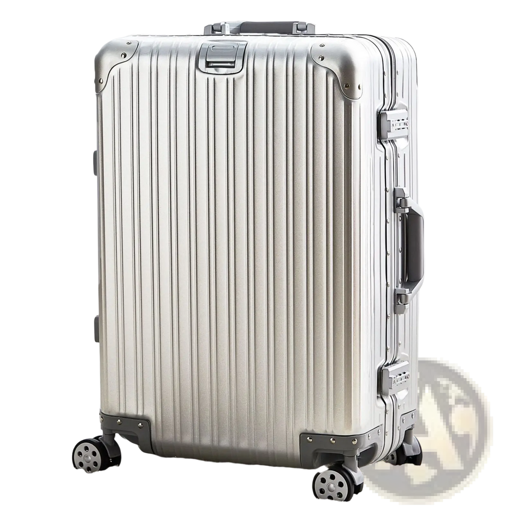 Silver aluminum magnesium luggage hardshell spinner suitcase with vertical ribbed design and black wheels