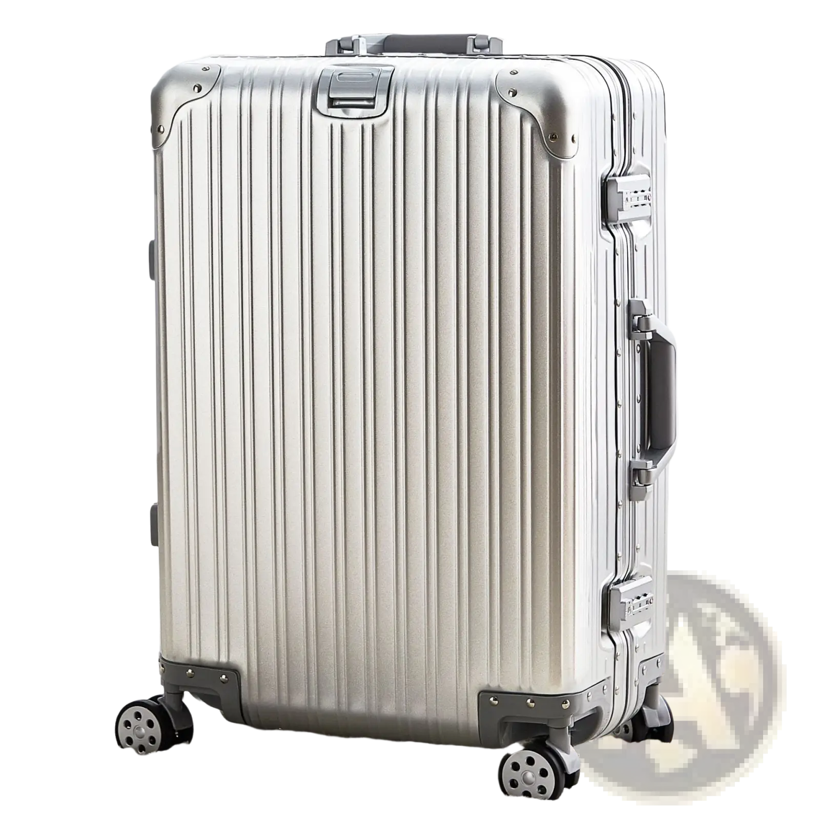 Silver aluminum magnesium luggage hardshell spinner suitcase with vertical ribbed design and black wheels