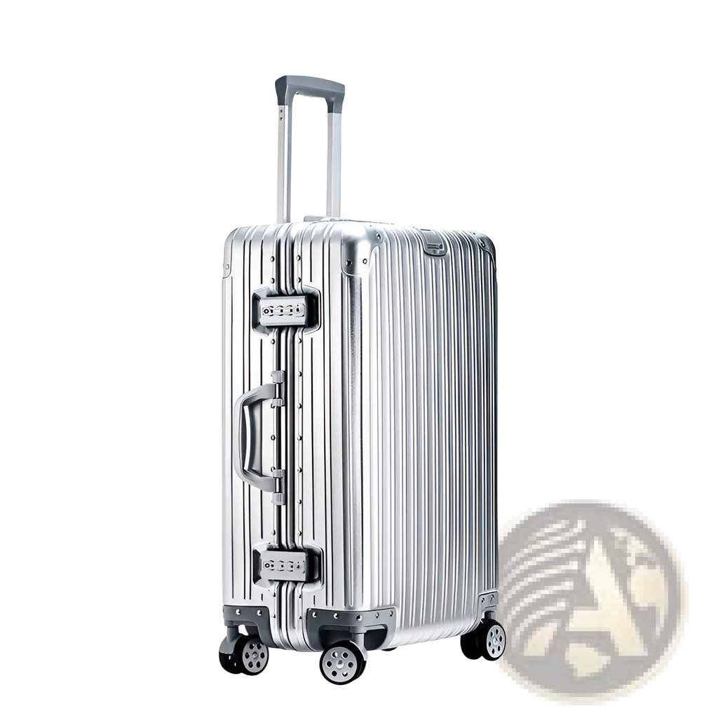 Silver aluminum magnesium luggage hardshell spinner suitcase with vertical ribbed design and black spinner wheels