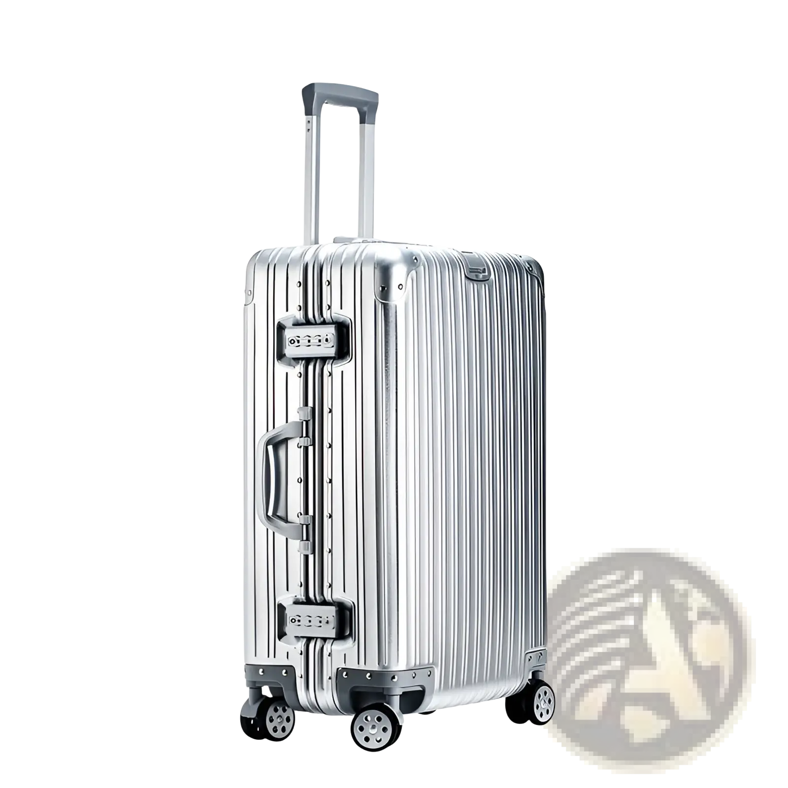 Silver aluminum magnesium luggage hardshell spinner suitcase with vertical ribbed design and black spinner wheels