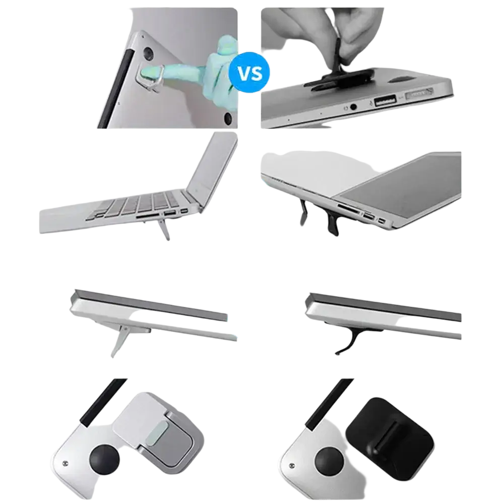 Silver and black aluminum mini portable laptop stand with adjustable magnetic grip for computer keyboard and device support