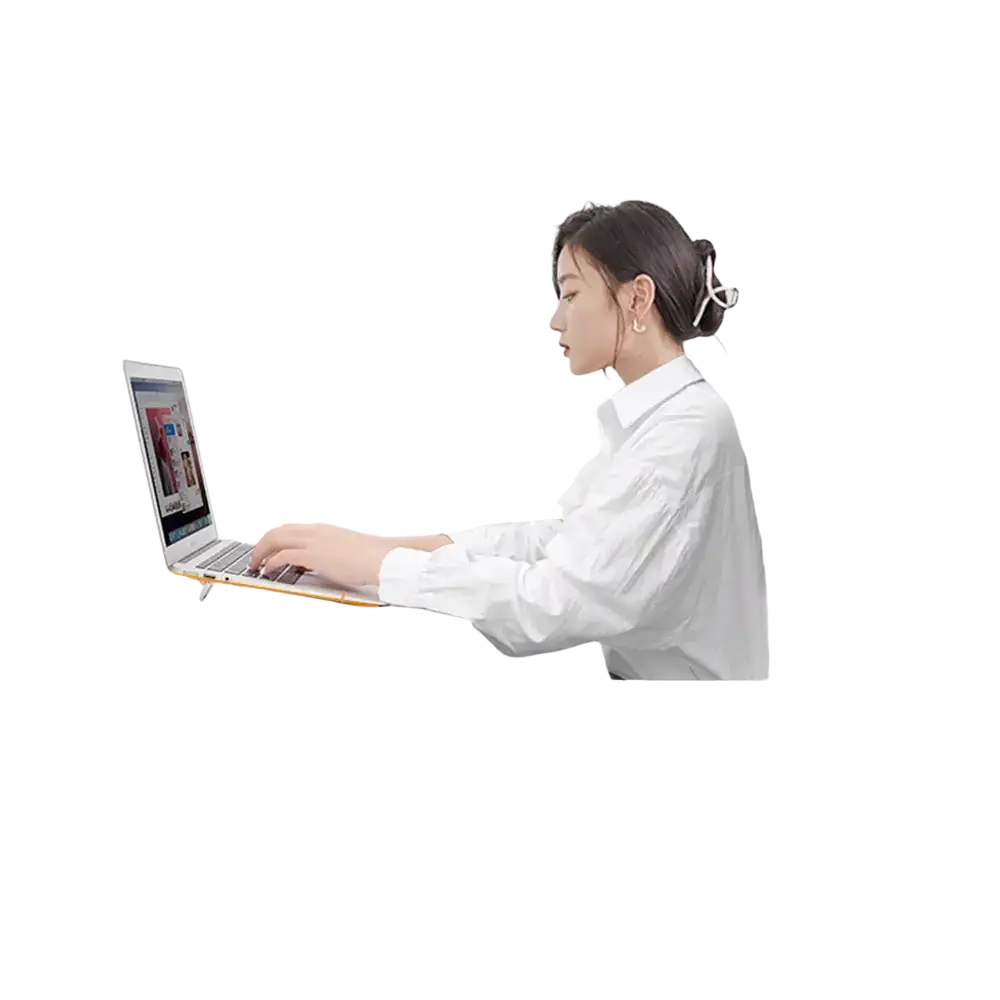 Aluminum mini portable laptop stand with sleek gradient finish and adjustable angle markings for ergonomic use
