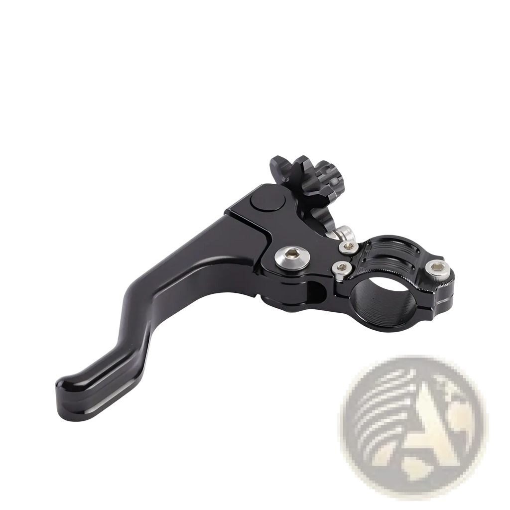 Black aluminum motorcycle brake clutch lever set with textured grip and silver hardware shown from the back side