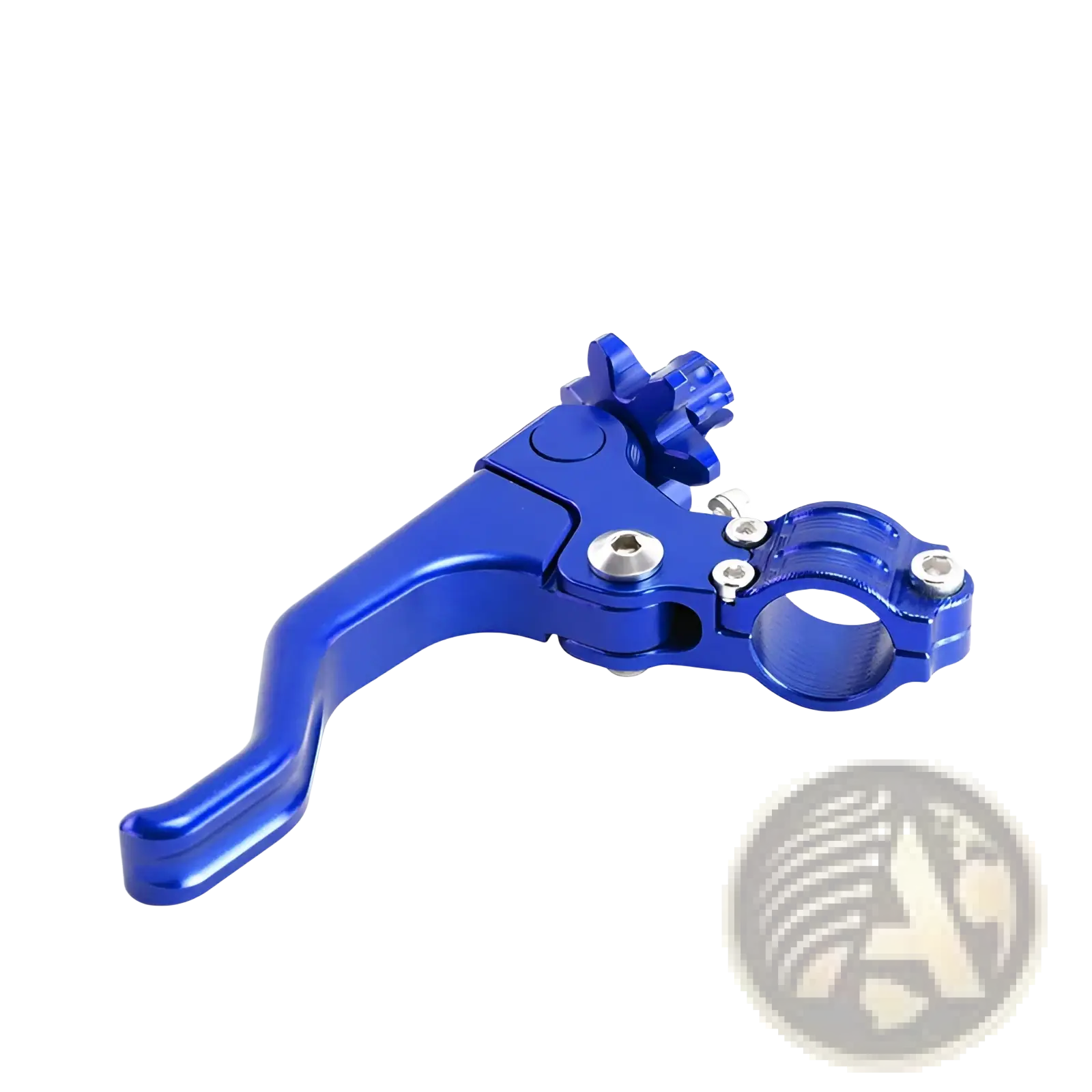 Blue aluminum motorcycle clutch lever set 2 finger with textured grip and adjustable mounting clamp shown from the back side