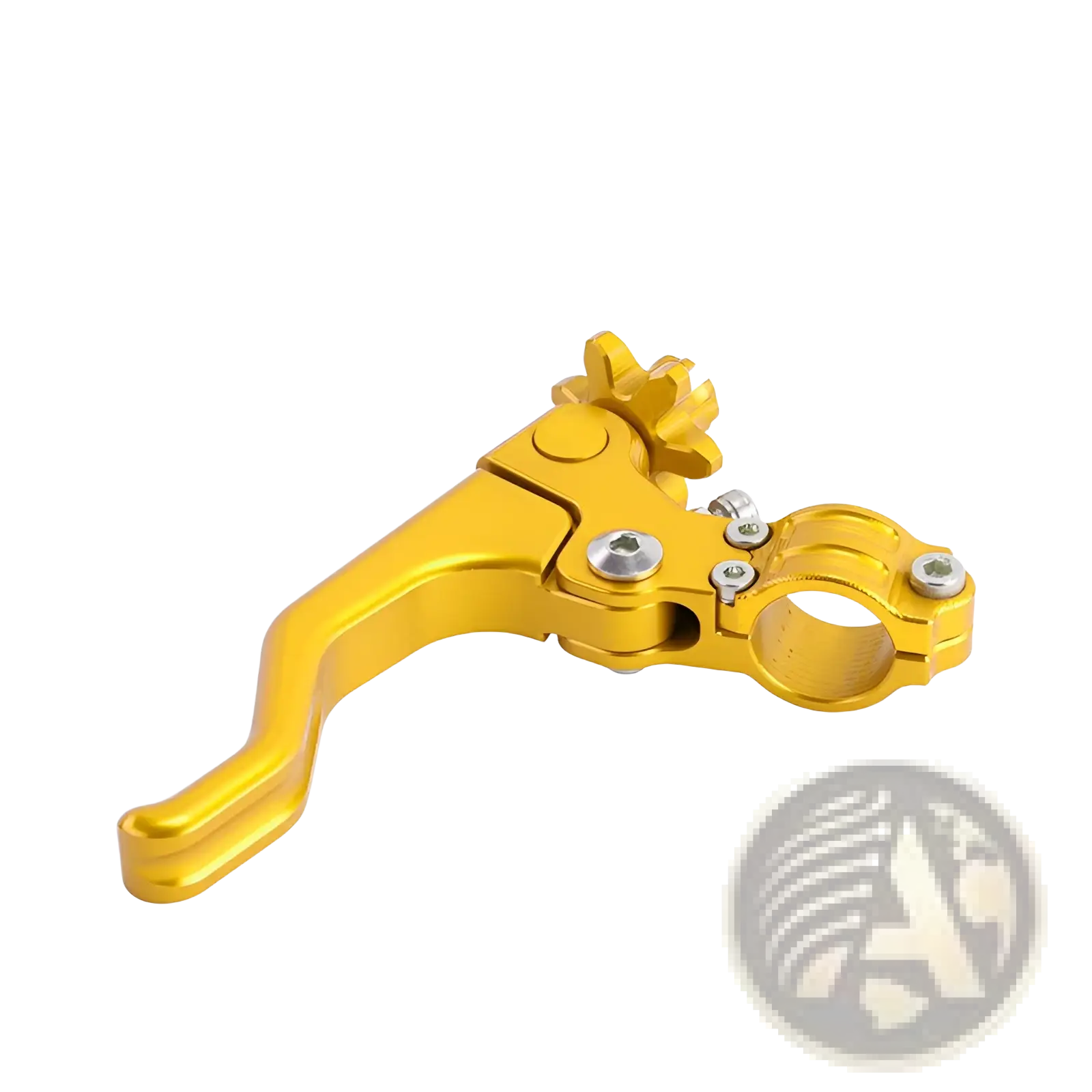 Gold-colored aluminum motorcycle brake clutch lever set 2 finger with gear-like adjustment knob and silver screws backside view